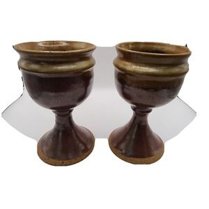 Pair Vintage Ceramic Stoneware Chalice Goblets Gothic Medival Earthware Brown